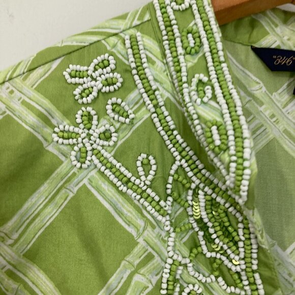 Brooks Brothers 346 Women’s Top Tunic Size Medium Cotton Green 3/4 Sleeve Beaded - Picture 2 of 9
